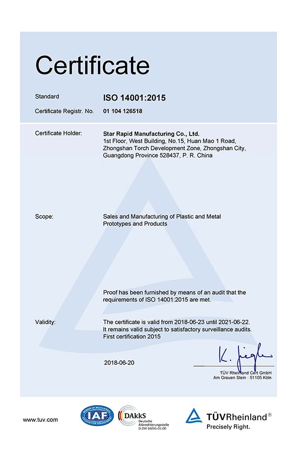 ISO 14001:2015 certificate at Star Rapid