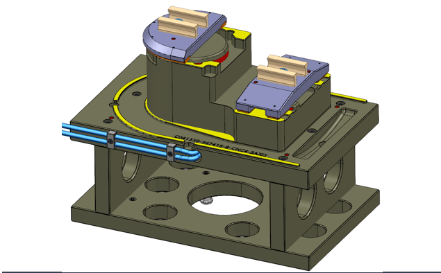 CAD model of a tooling fixture for plastic injection molding with clamps, base plate, and integrated piping