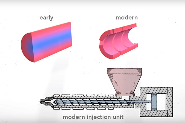 The presence of the screw in the barrel eliminates a region of cooler plastic in the core.